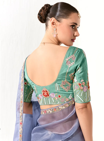 Blue Grey Organza Saree Blouse With Heavy Embroidery work