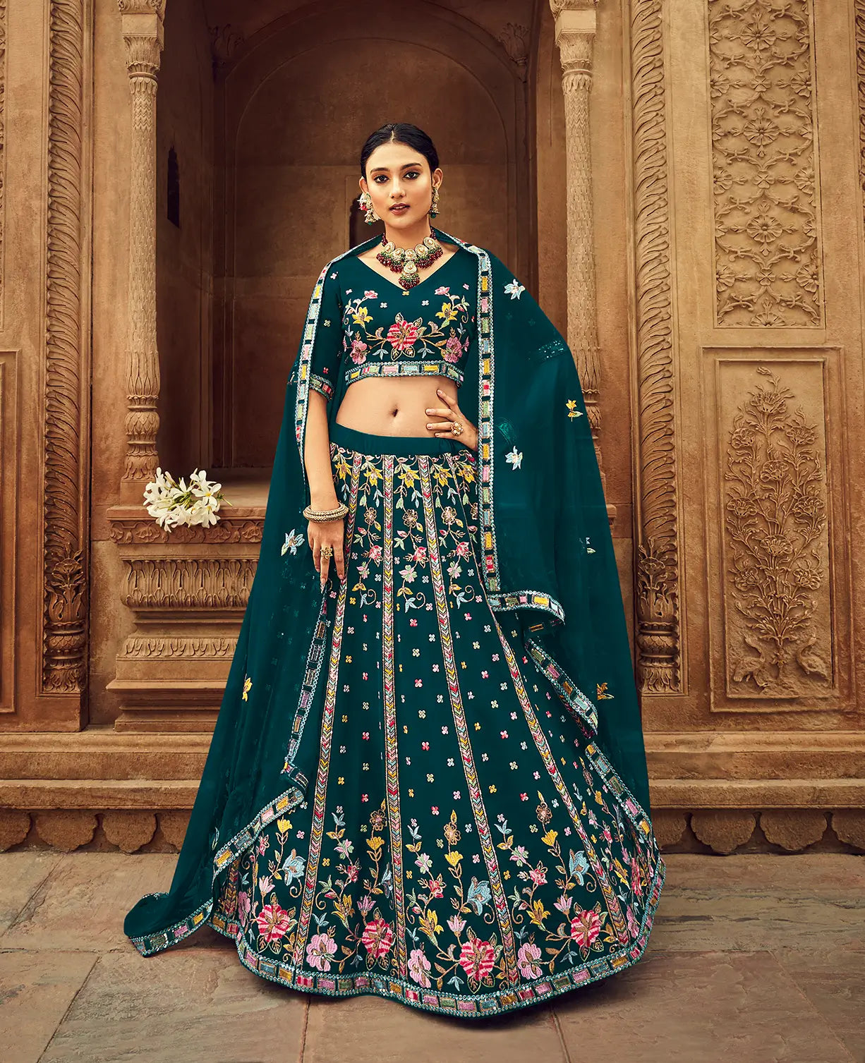 Teal Blue Georgette Thread with Sequence Embroidery Work Lehenga Choli