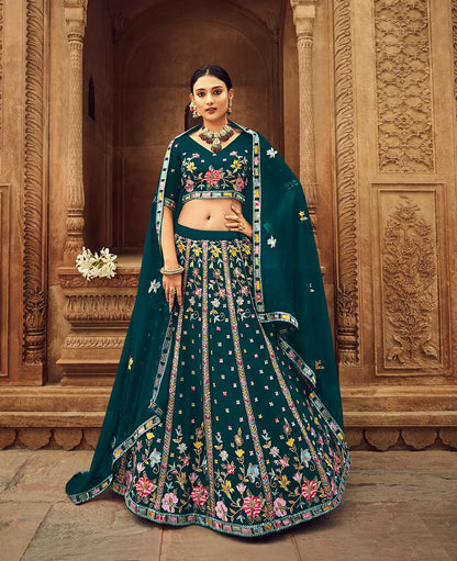Teal Blue Georgette Thread with Sequence Embroidery Work Lehenga Choli