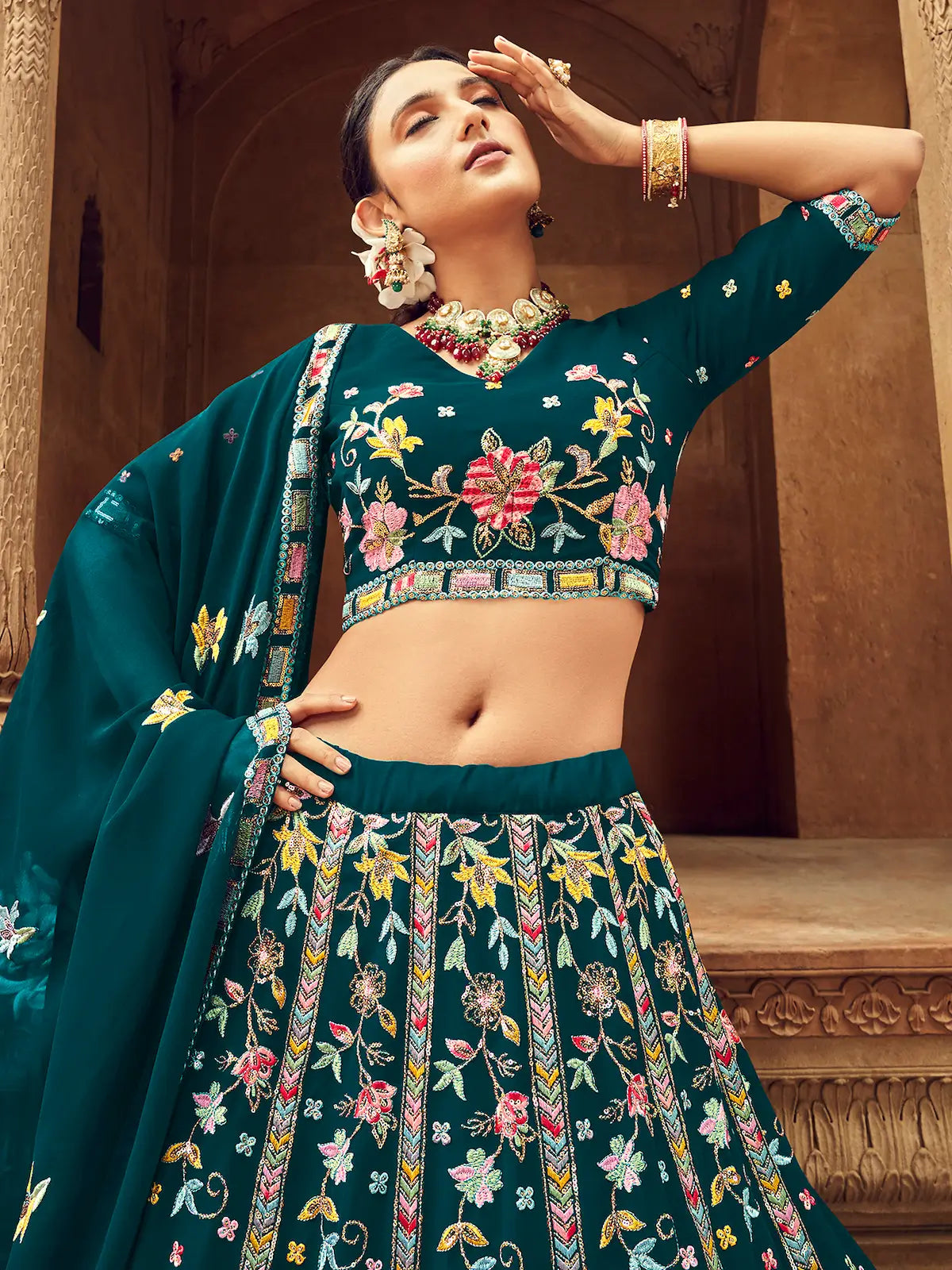 Teal Blue Georgette Thread with Sequence Embroidery Work Lehenga Choli