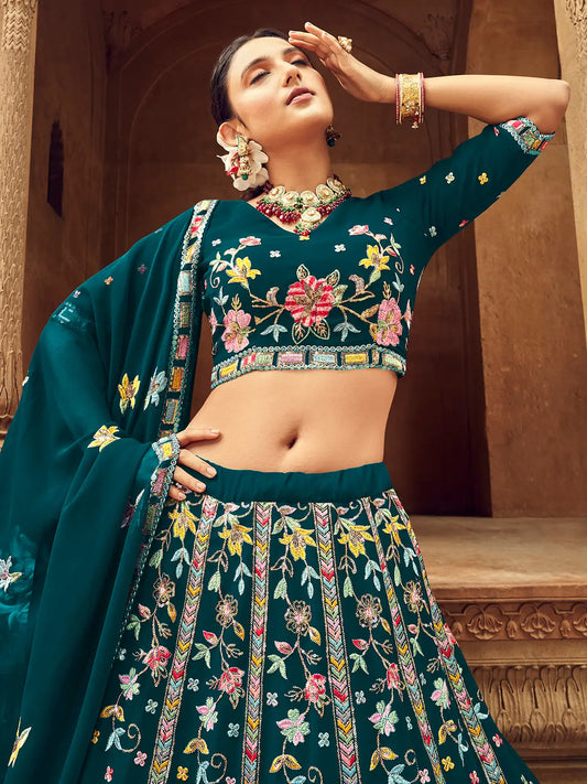 Teal Blue Georgette Thread with Sequence Embroidery Work Lehenga Choli