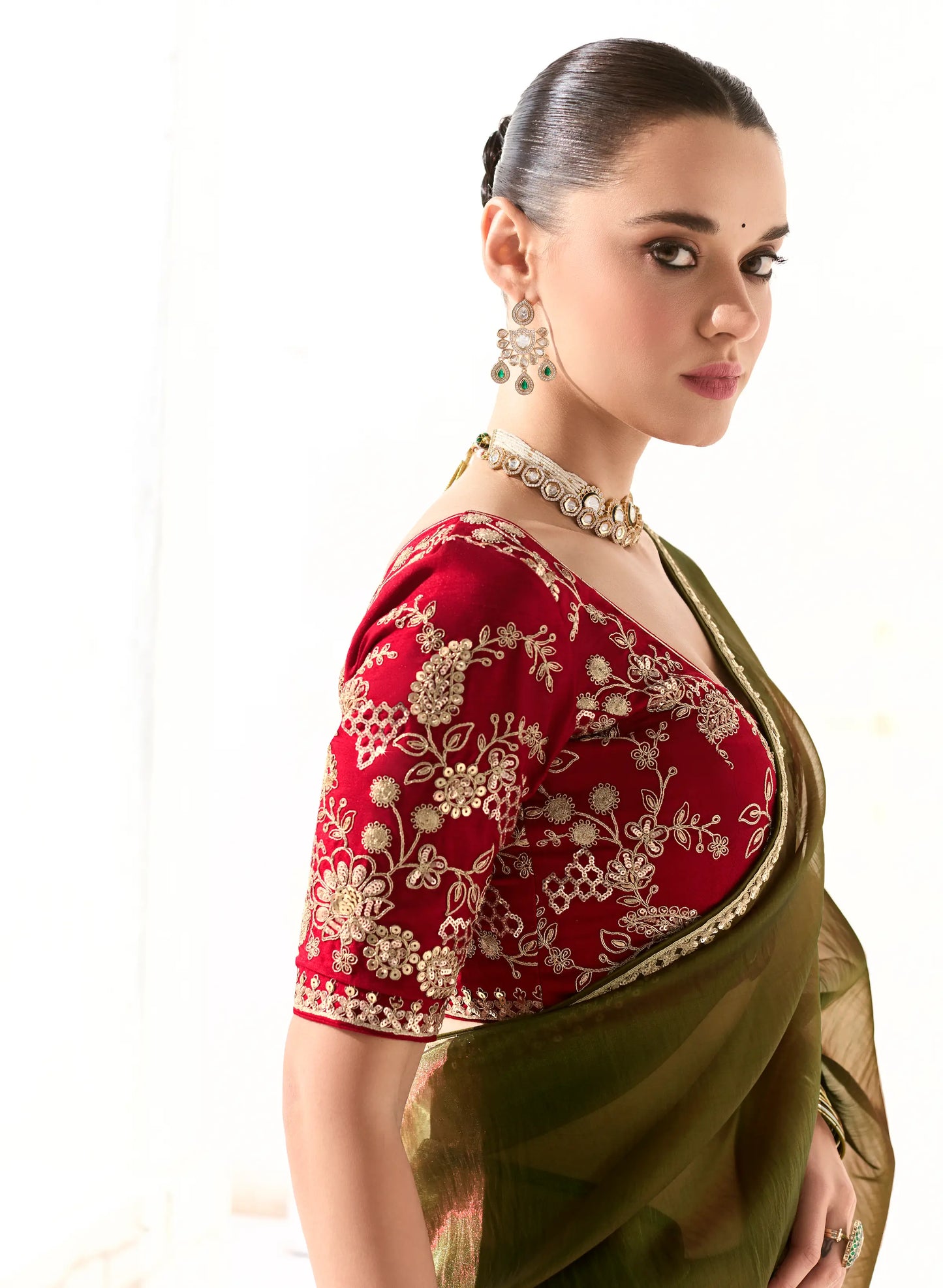 Olive Green Organza Saree Blouse With Heavy Embroidery work
