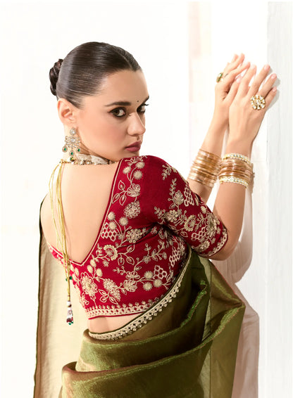 Olive Green Organza Saree Blouse With Heavy Embroidery work