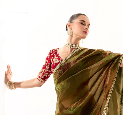 Olive Green Organza Saree Blouse With Heavy Embroidery work