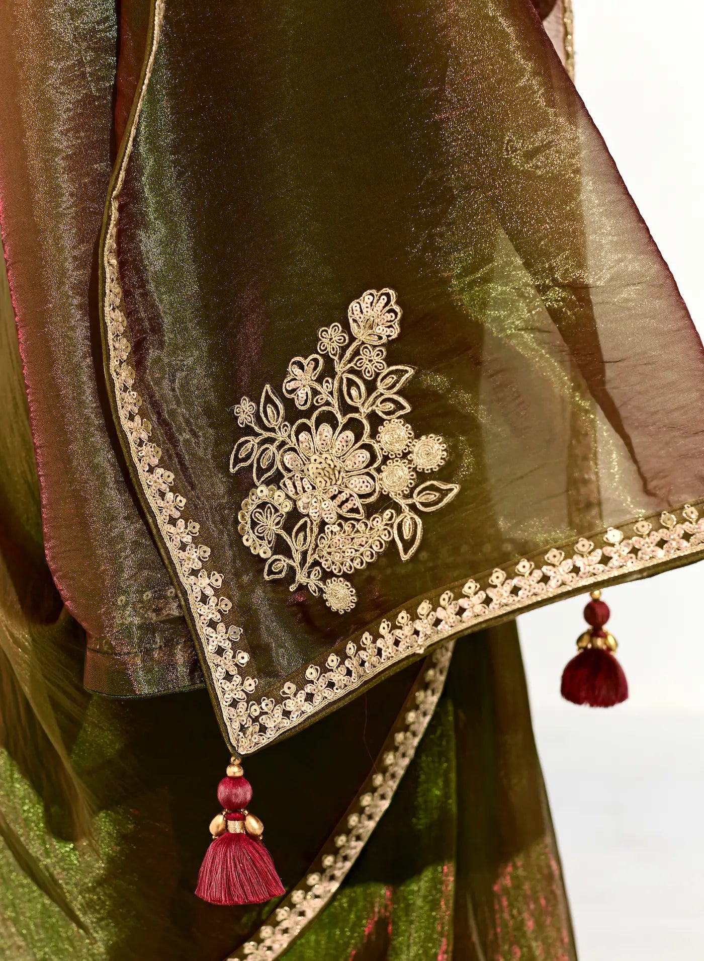 Olive Green Organza Saree Blouse With Heavy Embroidery work