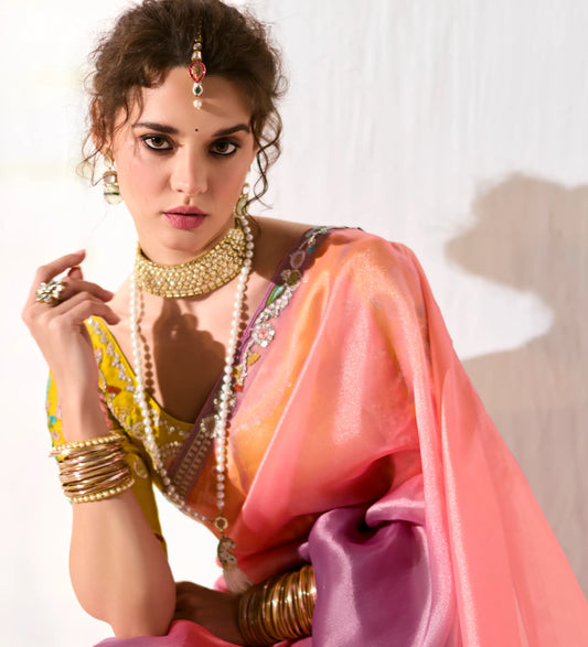 Peach-Lavender Shaded Organza Saree Blouse With Heavy Embroidery work