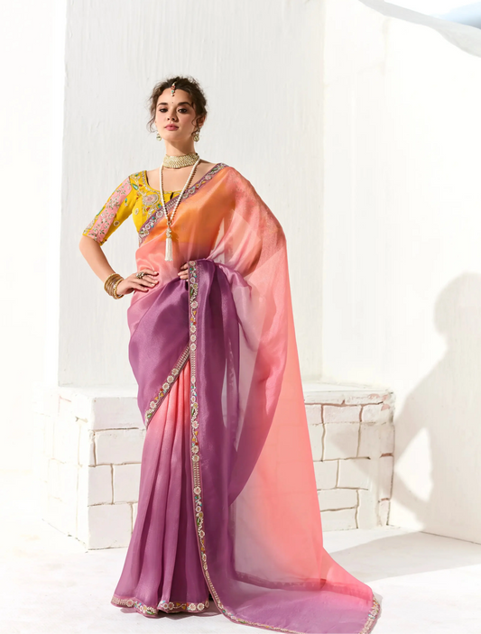 Peach-Lavender Shaded Organza Saree Blouse With Heavy Embroidery work