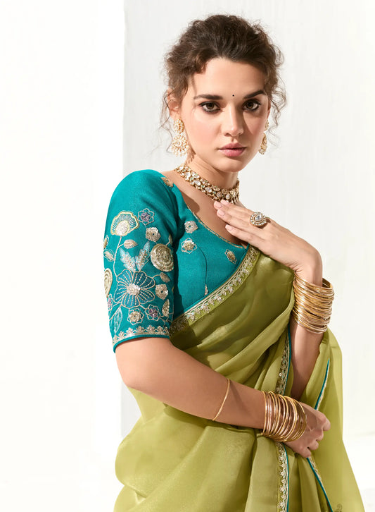 Lime Green Organza Saree Blouse With Heavy Embroidery work