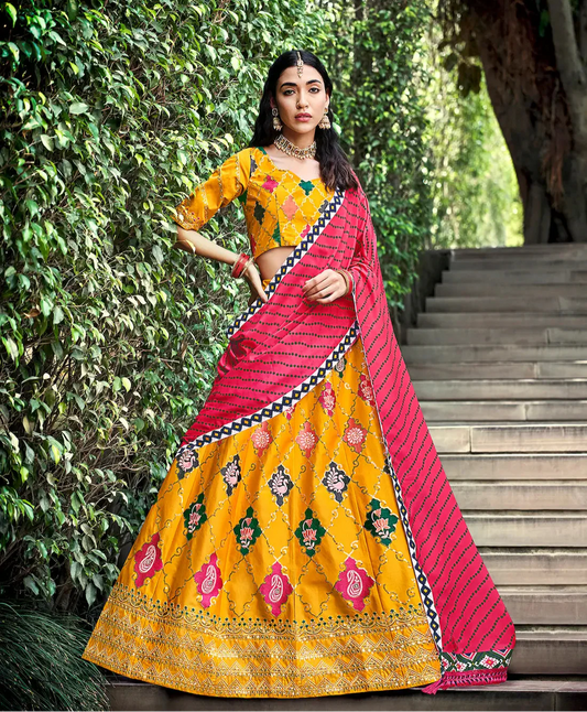 Honey Yellow Silk Thread with Sequence Embroidery Work Lehenga Choli