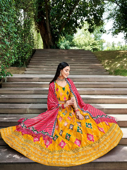Honey Yellow Silk Thread with Sequence Embroidery Work Lehenga Choli