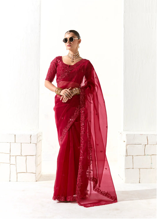 Red Organza Saree Blouse With Heavy Embroidery work