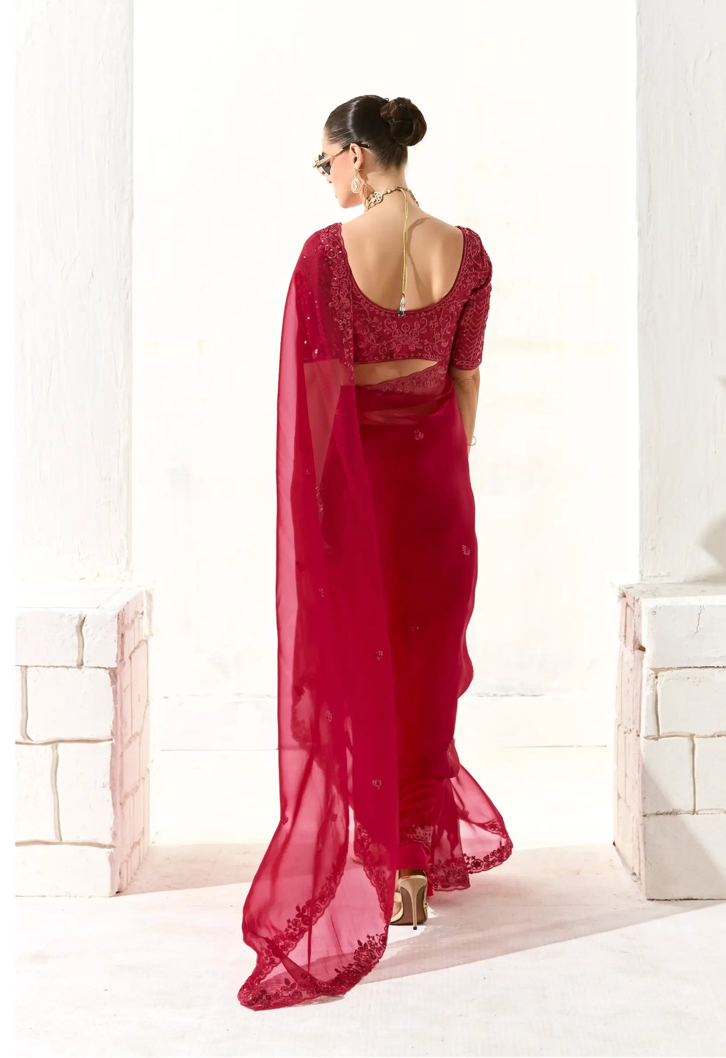 Red Organza Saree Blouse With Heavy Embroidery work