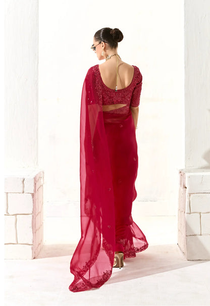 Red Organza Saree Blouse With Heavy Embroidery work