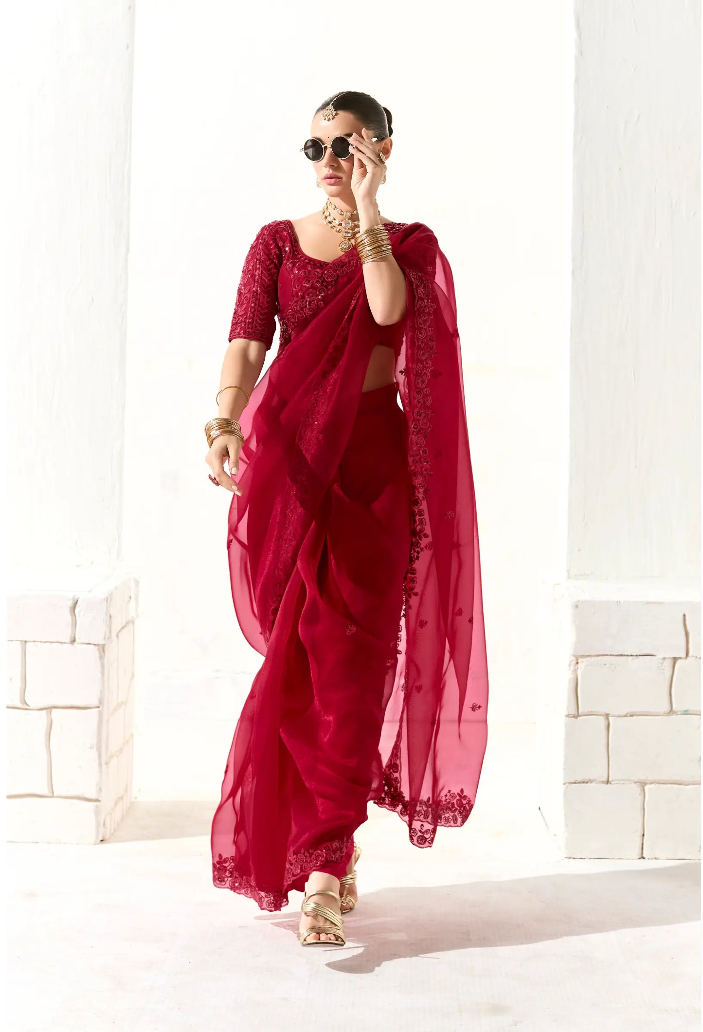 Red Organza Saree Blouse With Heavy Embroidery work