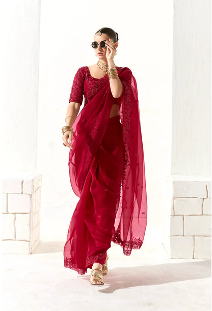 Red Organza Saree Blouse With Heavy Embroidery work