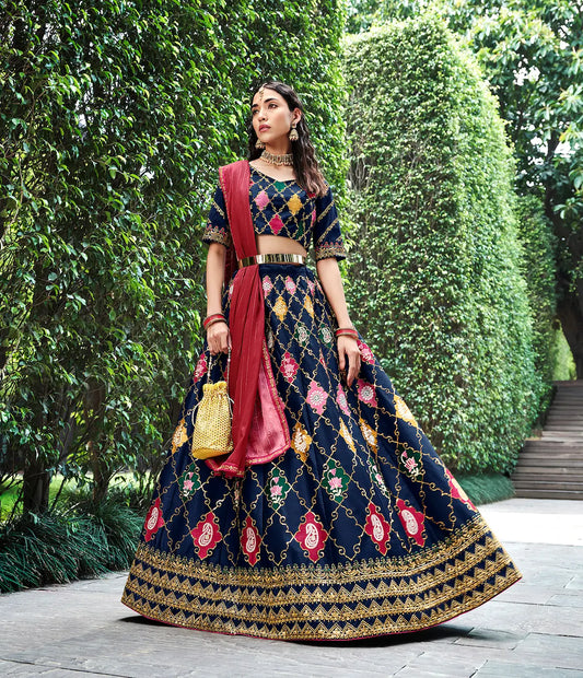Navy Blue Silk Thread with Sequence Embroidery Work Lehenga Choli