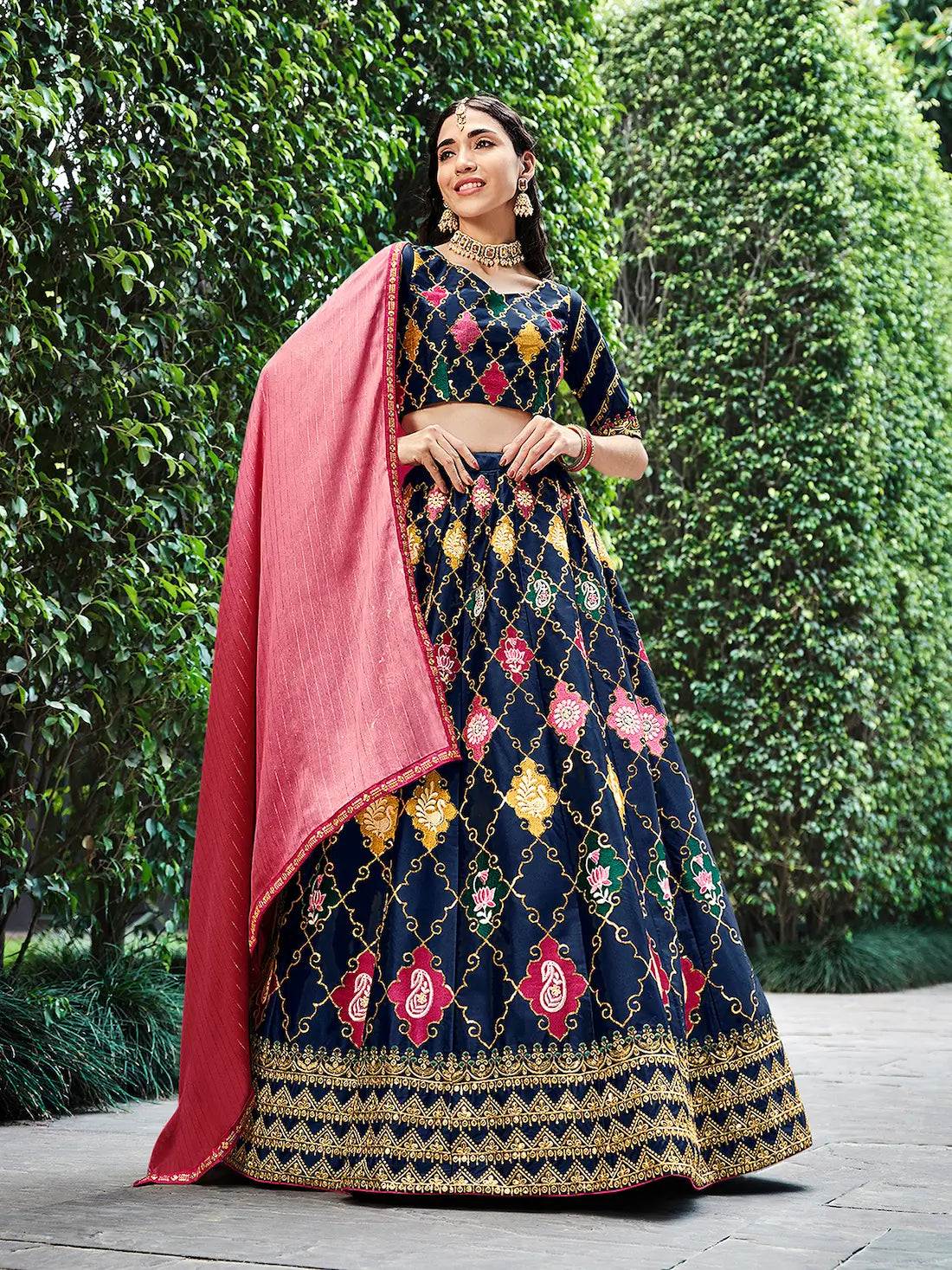 Navy Blue Silk Thread with Sequence Embroidery Work Lehenga Choli