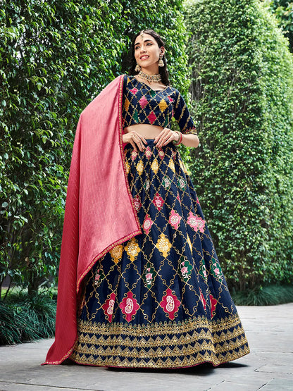 Navy Blue Silk Thread with Sequence Embroidery Work Lehenga Choli