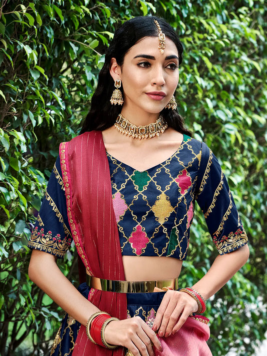 Navy Blue Silk Thread with Sequence Embroidery Work Lehenga Choli