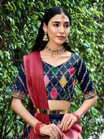Navy Blue Silk Thread with Sequence Embroidery Work Lehenga Choli