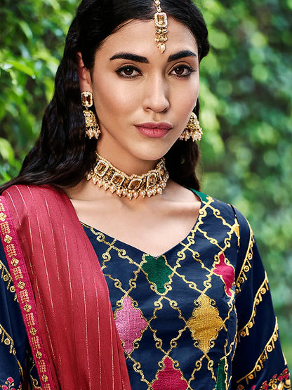 Navy Blue Silk Thread with Sequence Embroidery Work Lehenga Choli