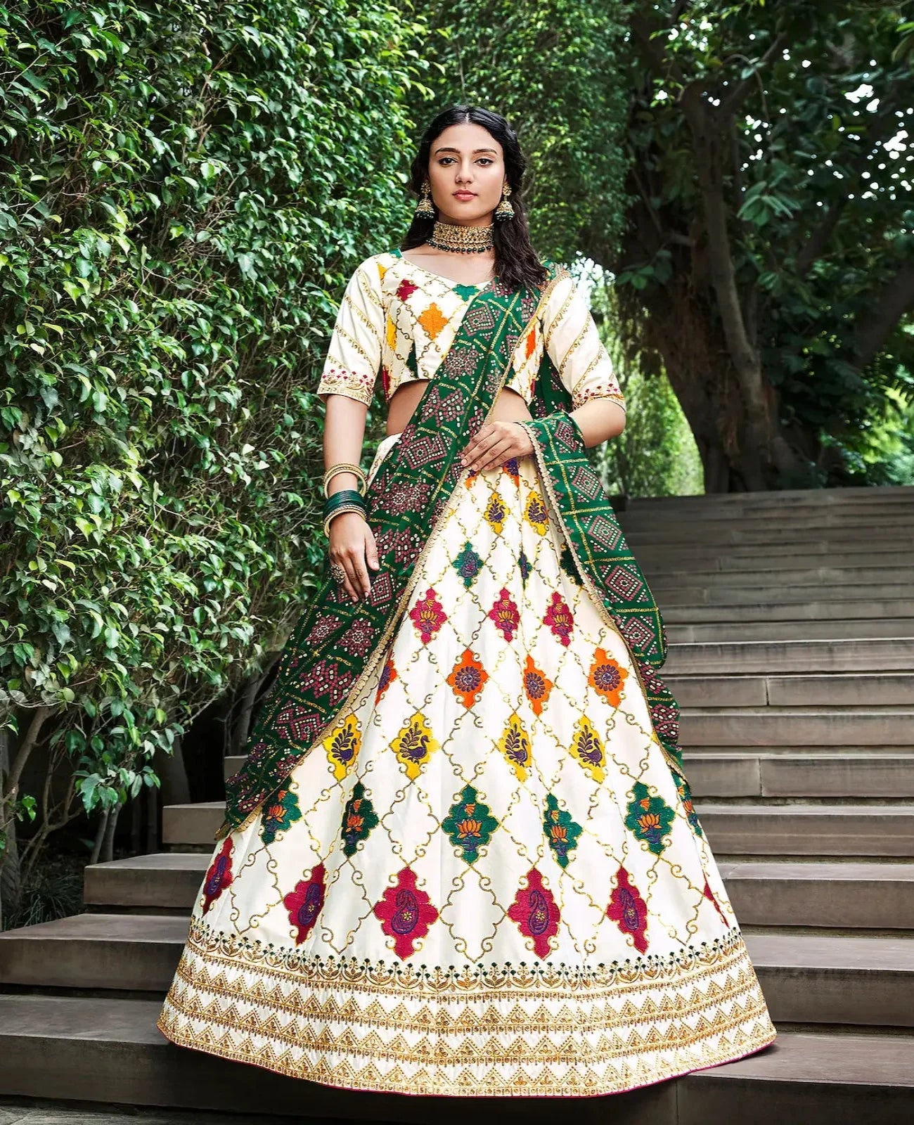 Pearl White Silk Thread with Sequence Embroidery Work Lehenga Choli