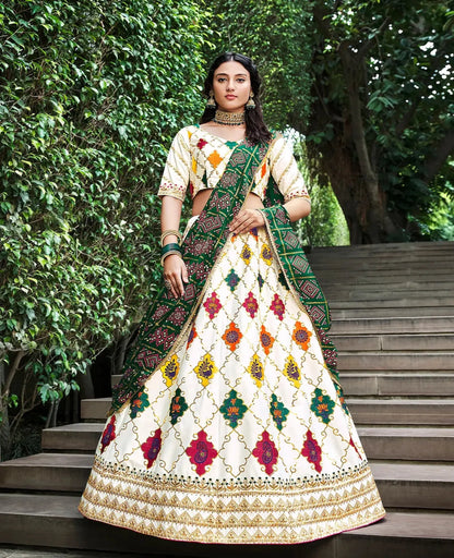 Pearl White Silk Thread with Sequence Embroidery Work Lehenga Choli