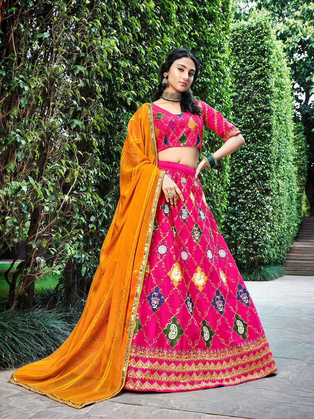 Deep Pink Silk Thread with Sequence Embroidery Work Lehenga Choli