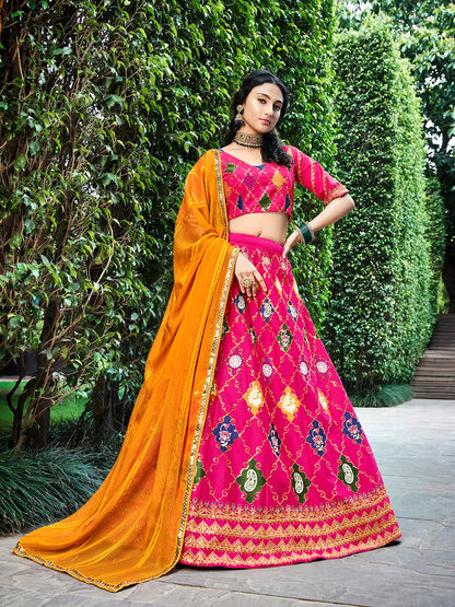 Deep Pink Silk Thread with Sequence Embroidery Work Lehenga Choli