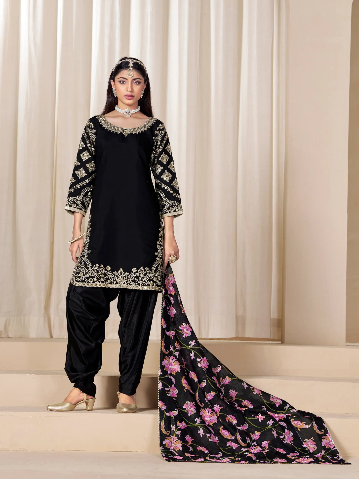 Black Roman Silk Embroidery Work Salwar Suit