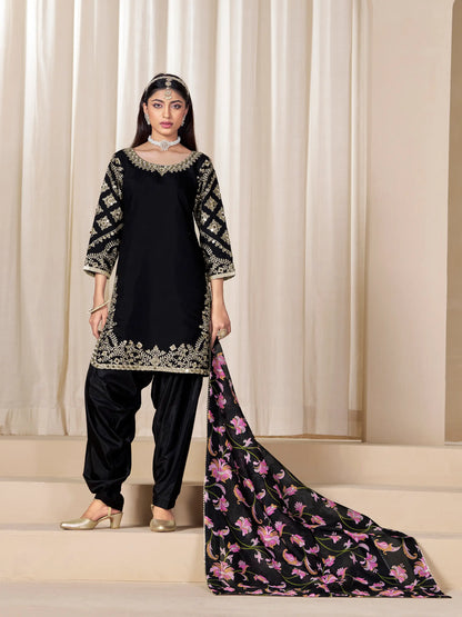 Black Roman Silk Embroidery Work Salwar Suit