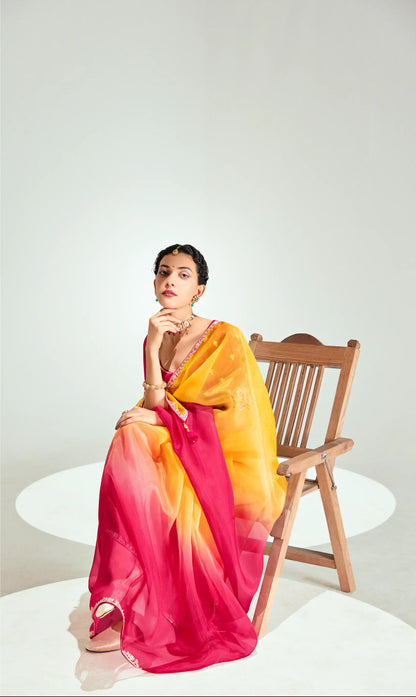 Red-Honey Yellow Organza Embroidery Saree