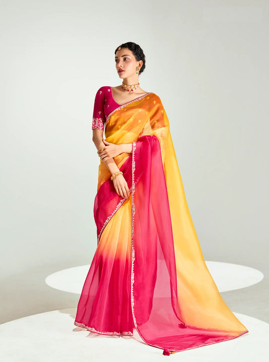 Red-Honey Yellow Organza Embroidery Saree