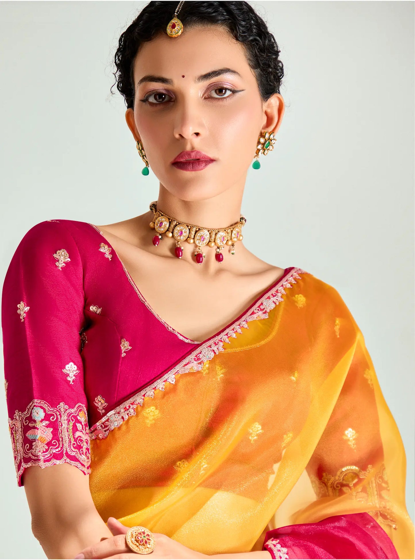Red-Honey Yellow Organza Embroidery Saree