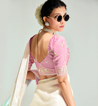 Beige-Multicolor Organza Embroidery Saree