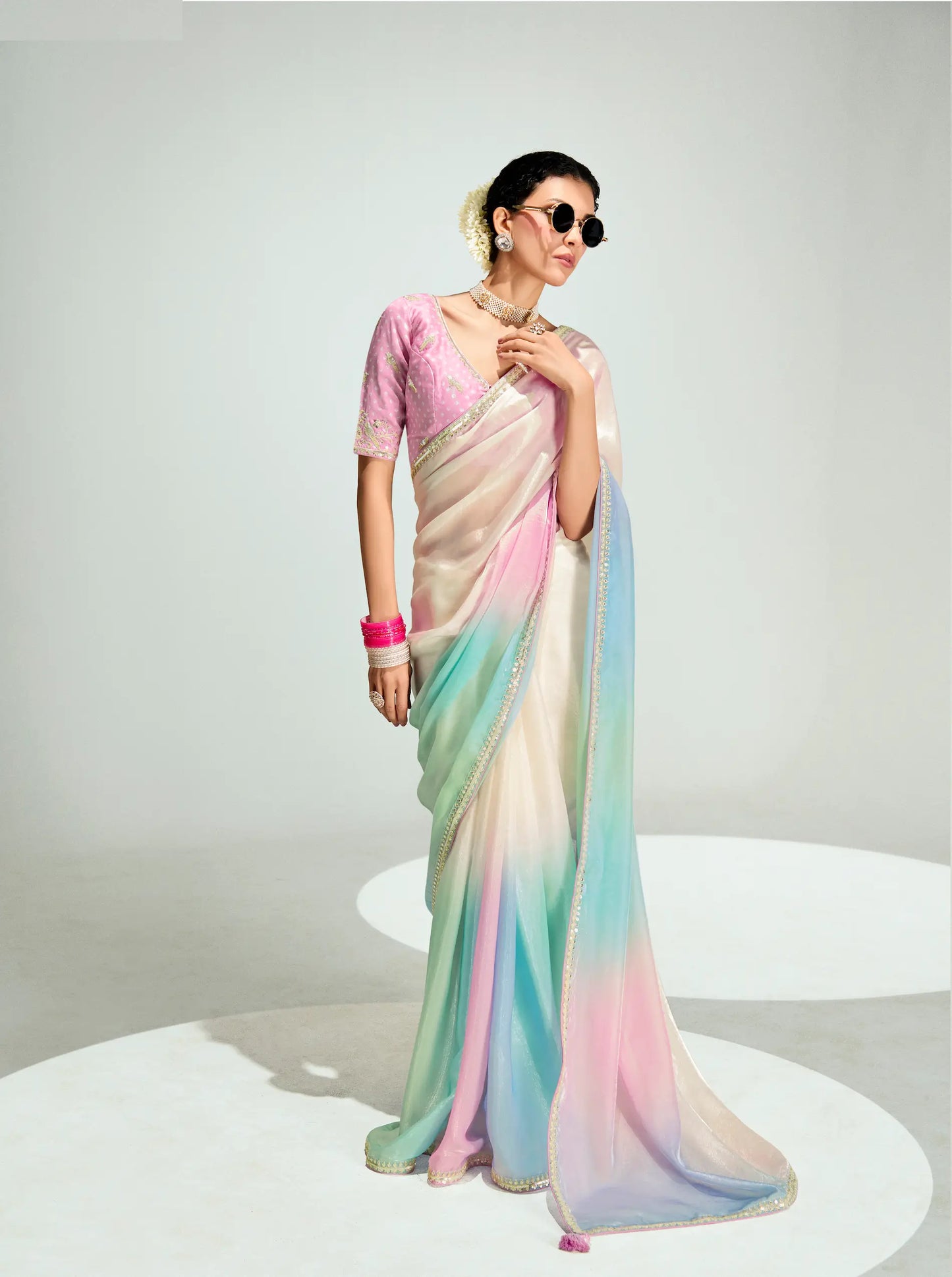 Beige-Multicolor Organza Embroidery Saree