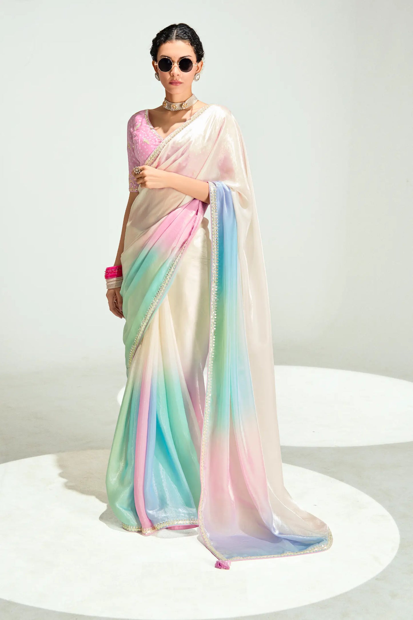 Beige-Multicolor Organza Embroidery Saree