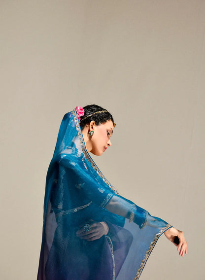 Peacock Blue-Grape Purple Organza Embroidery Saree