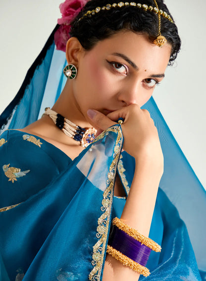 Peacock Blue-Grape Purple Organza Embroidery Saree