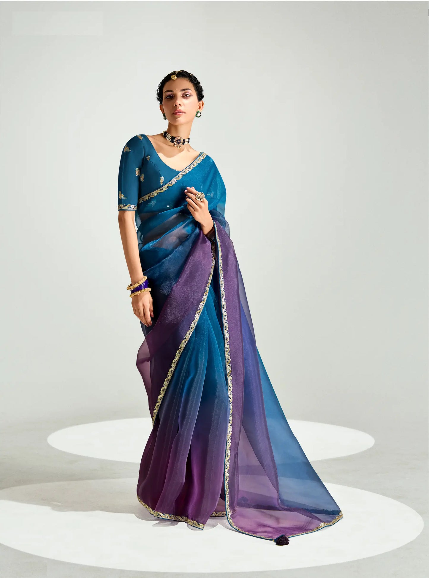 Peacock Blue-Grape Purple Organza Embroidery Saree