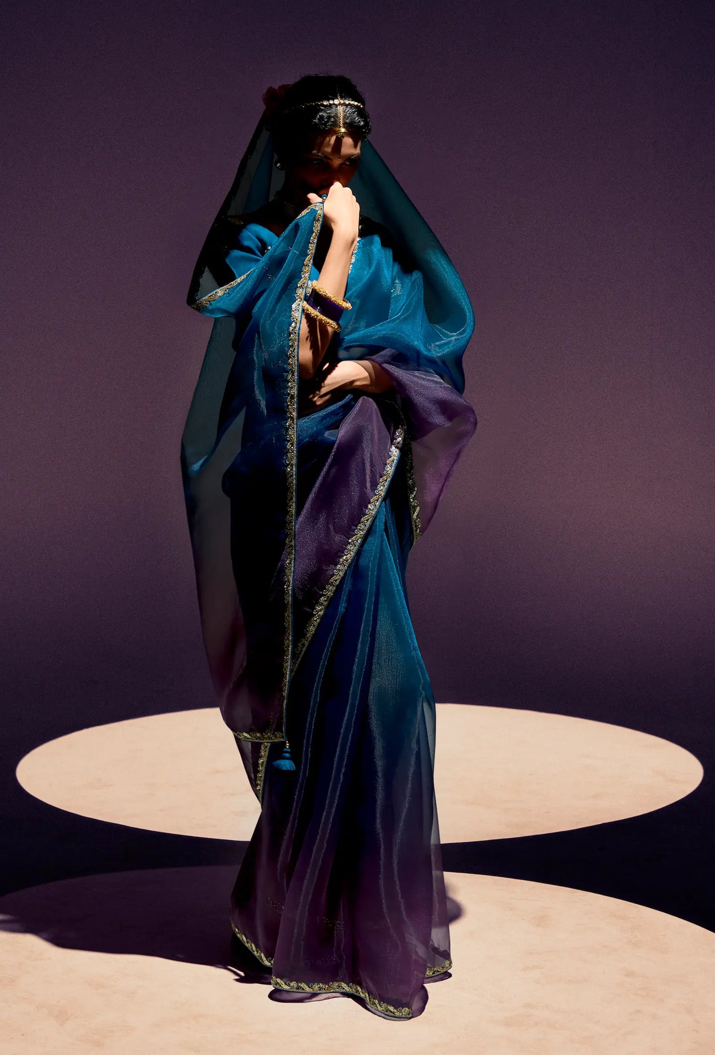 Peacock Blue-Grape Purple Organza Embroidery Saree