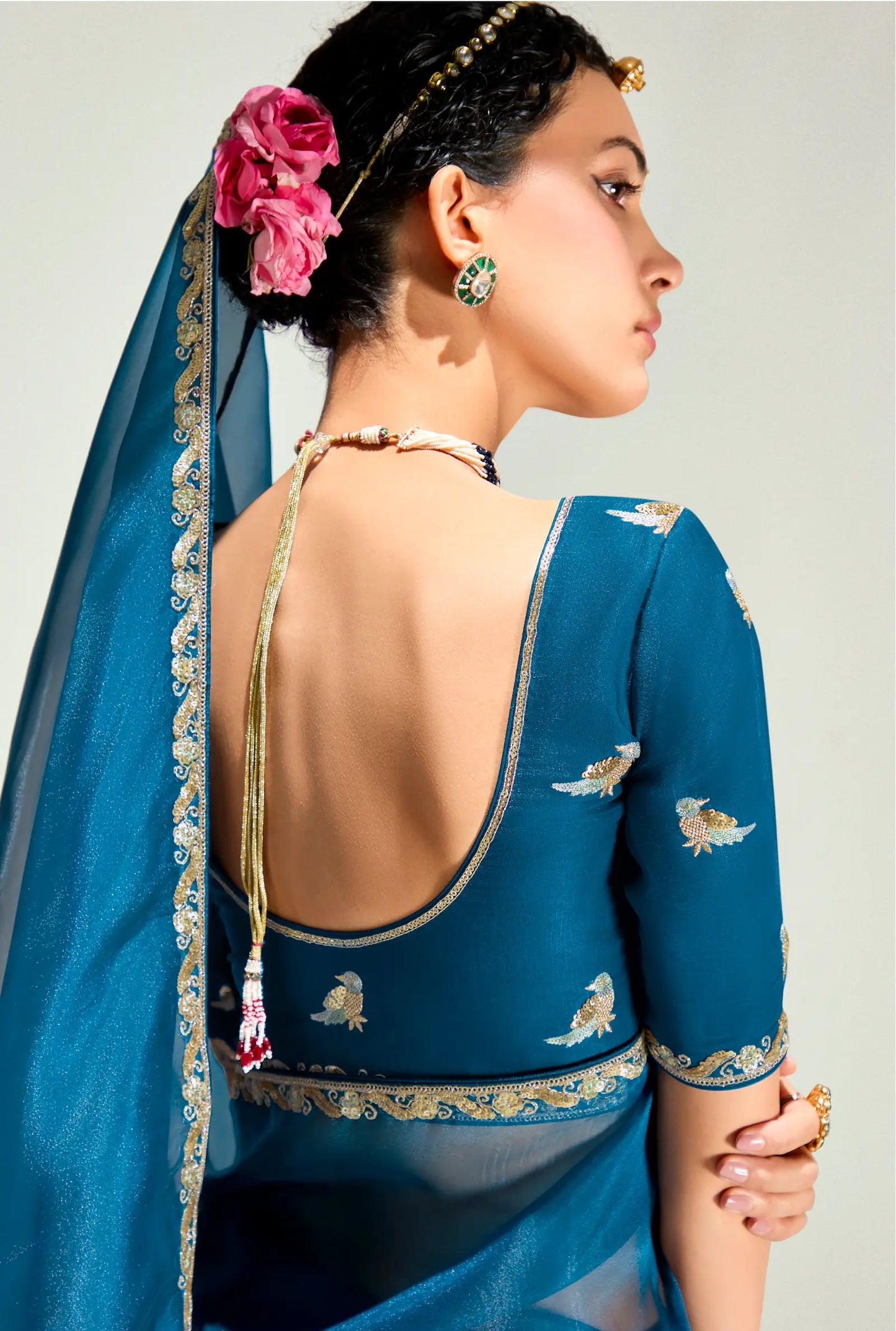 Peacock Blue-Grape Purple Organza Embroidery Saree