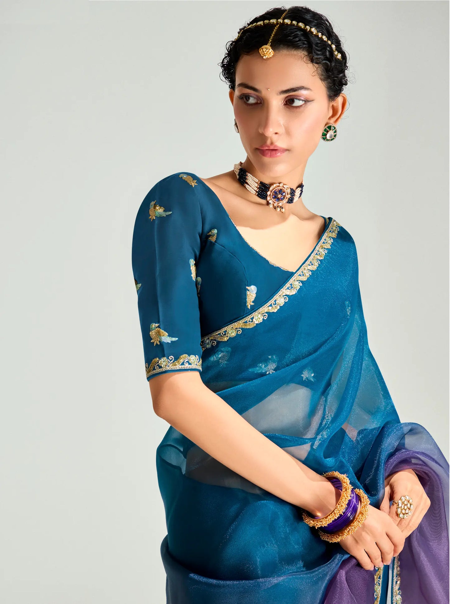 Peacock Blue-Grape Purple Organza Embroidery Saree