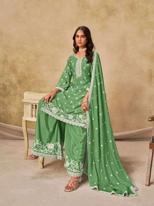 Pista Green Chinon Embroidery Work Palazzo Suit