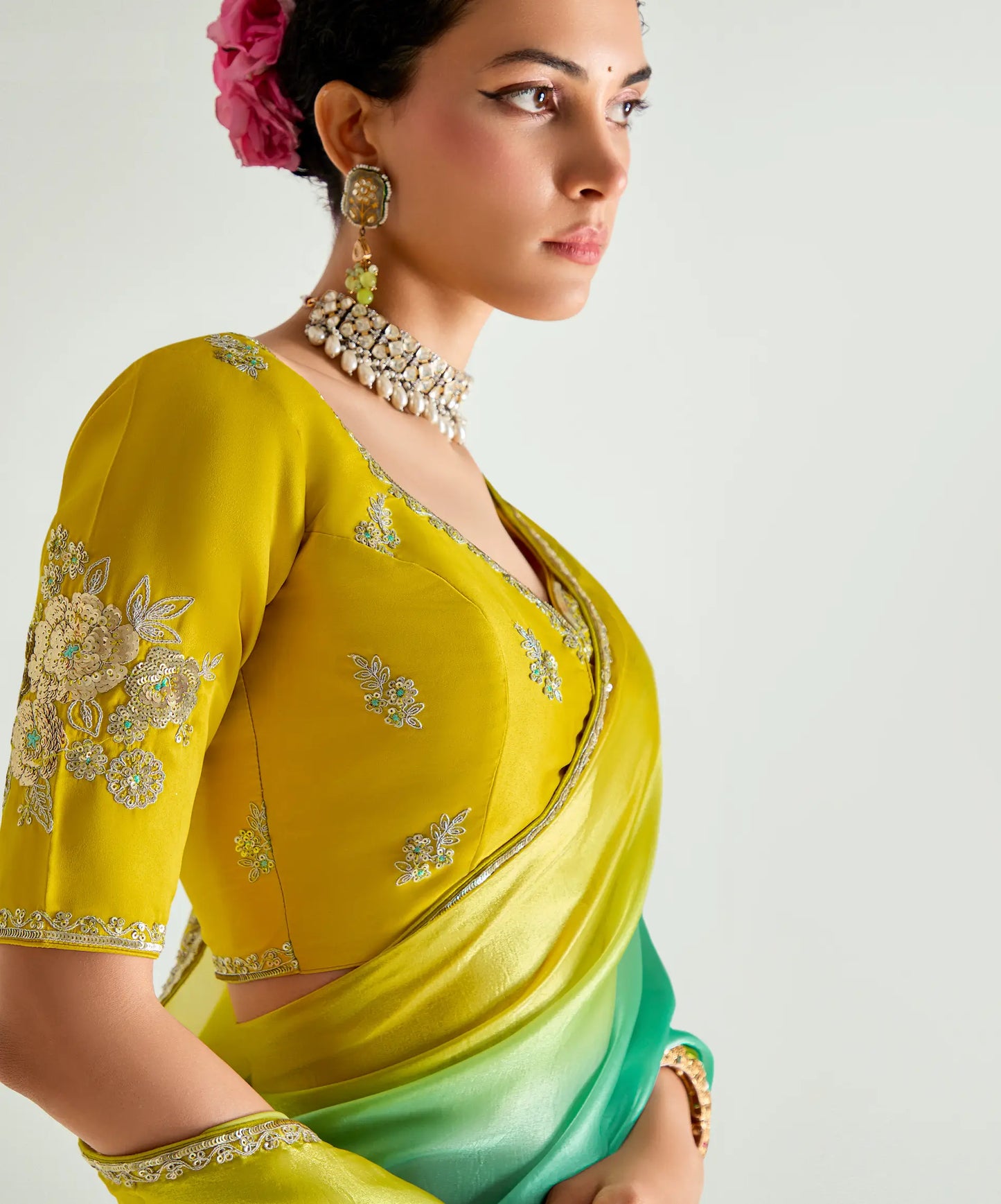 Lime Yellow-Turquoise Green Organza Embroidery Saree