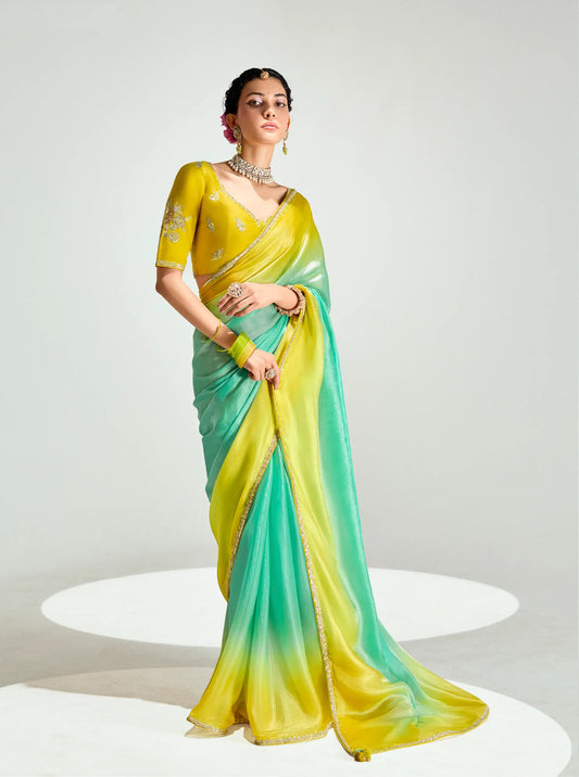 Lime Yellow-Turquoise Green Organza Embroidery Saree