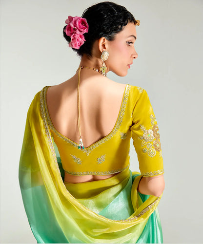 Lime Yellow-Turquoise Green Organza Embroidery Saree