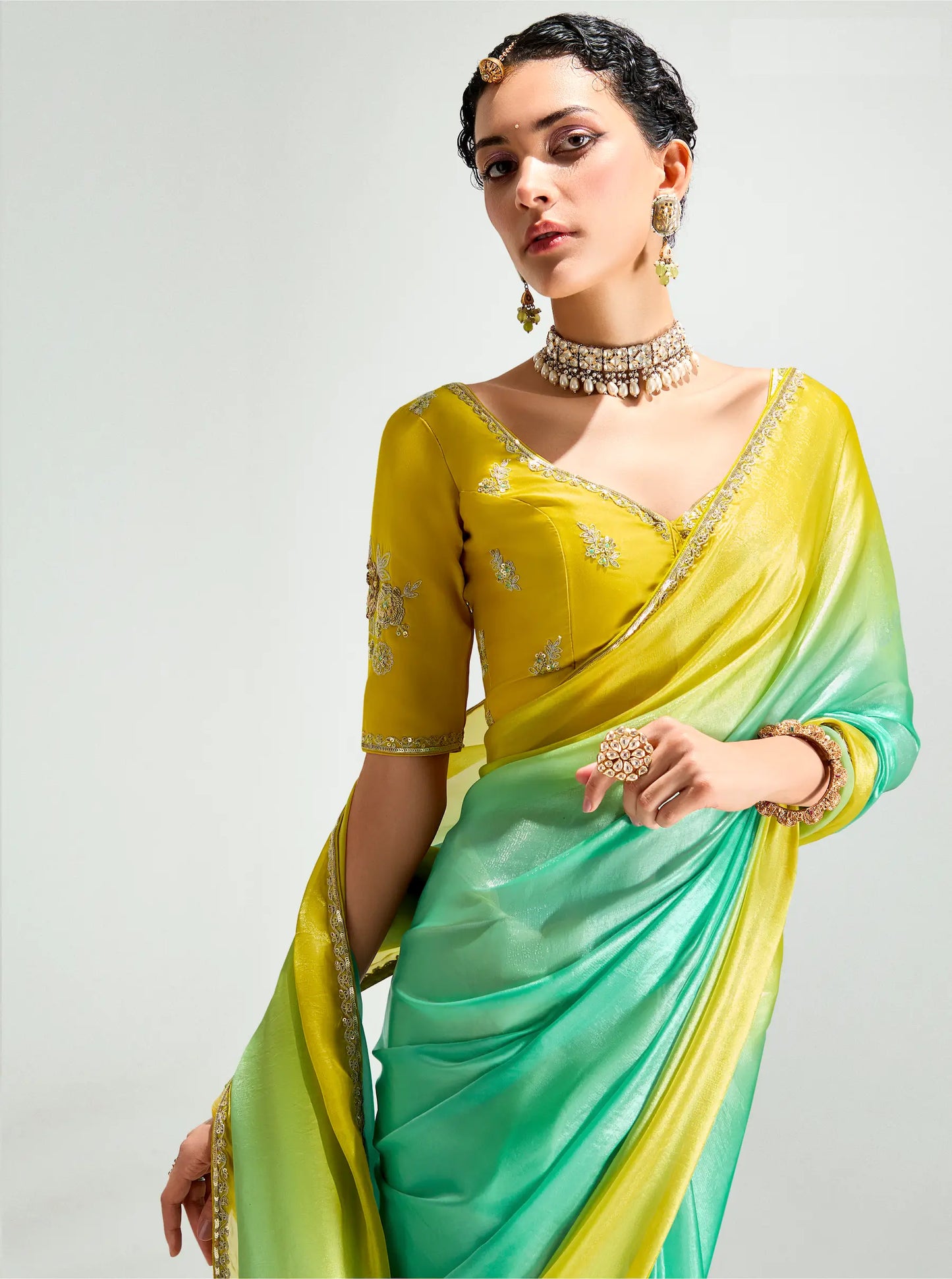 Lime Yellow-Turquoise Green Organza Embroidery Saree