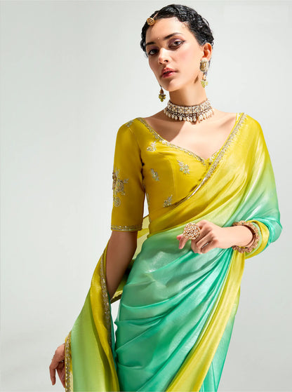 Lime Yellow-Turquoise Green Organza Embroidery Saree