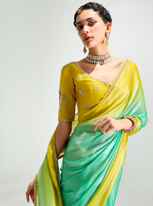 Lime Yellow-Turquoise Green Organza Embroidery Saree